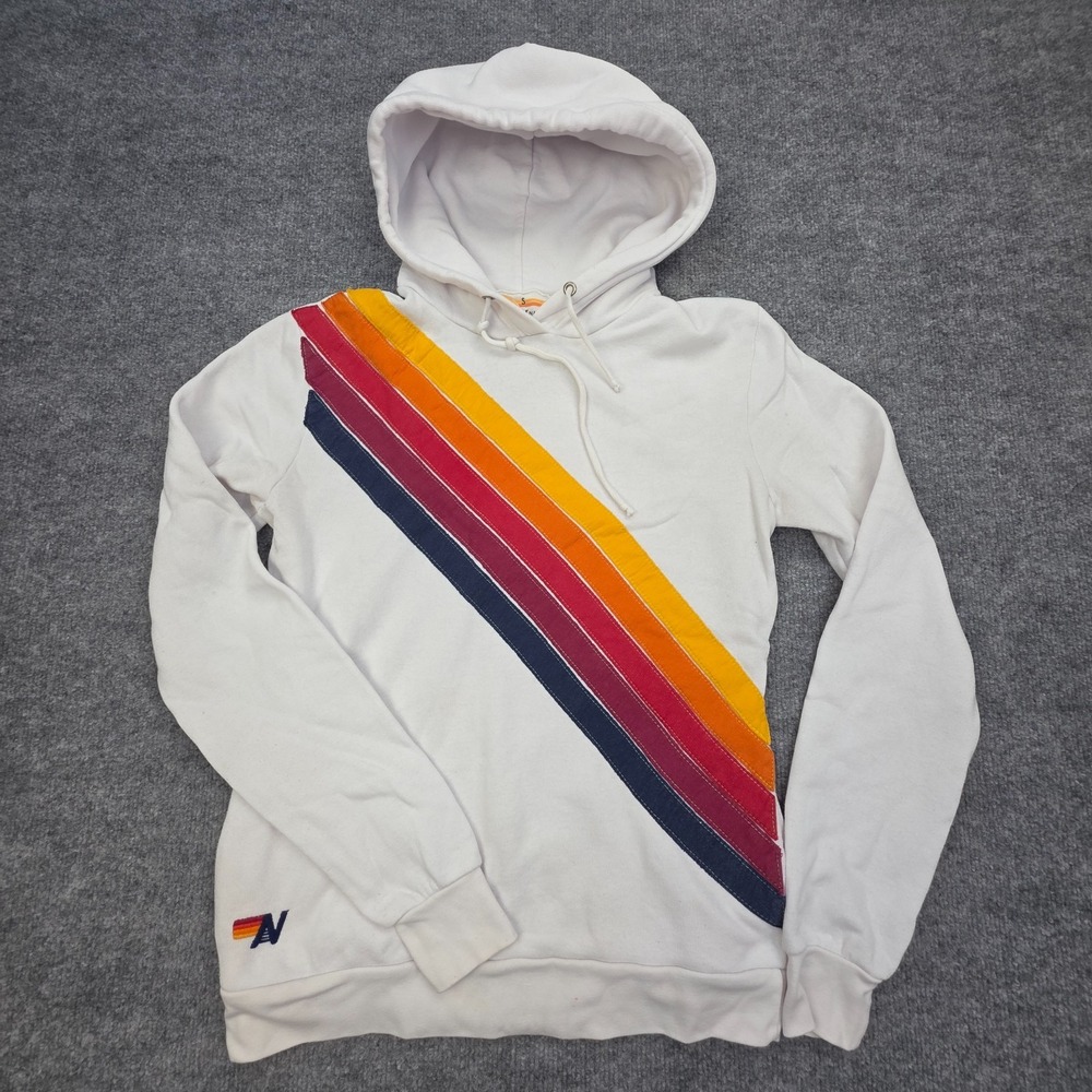 Aviator Nation Hoodie Women's Small White Rainbow 5 Stripe Long Sleeve